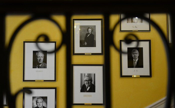 Lady Thatcher alongside former PMs on the Grand Staircase - Crown Copyright image