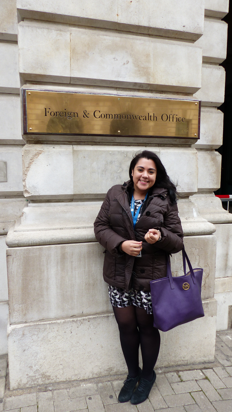 Maria Castillo Vallecillo outside the Foreign and Commonwealth Office in London