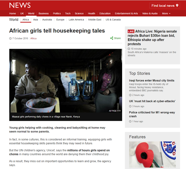 African girls tell housekeeping tales news story image