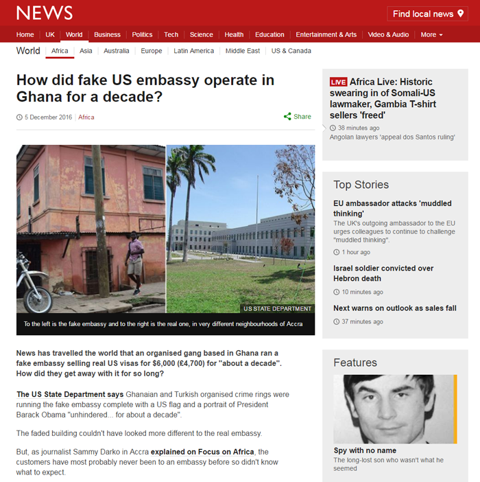 Fake embassy in Ghana BBC news story screenshot