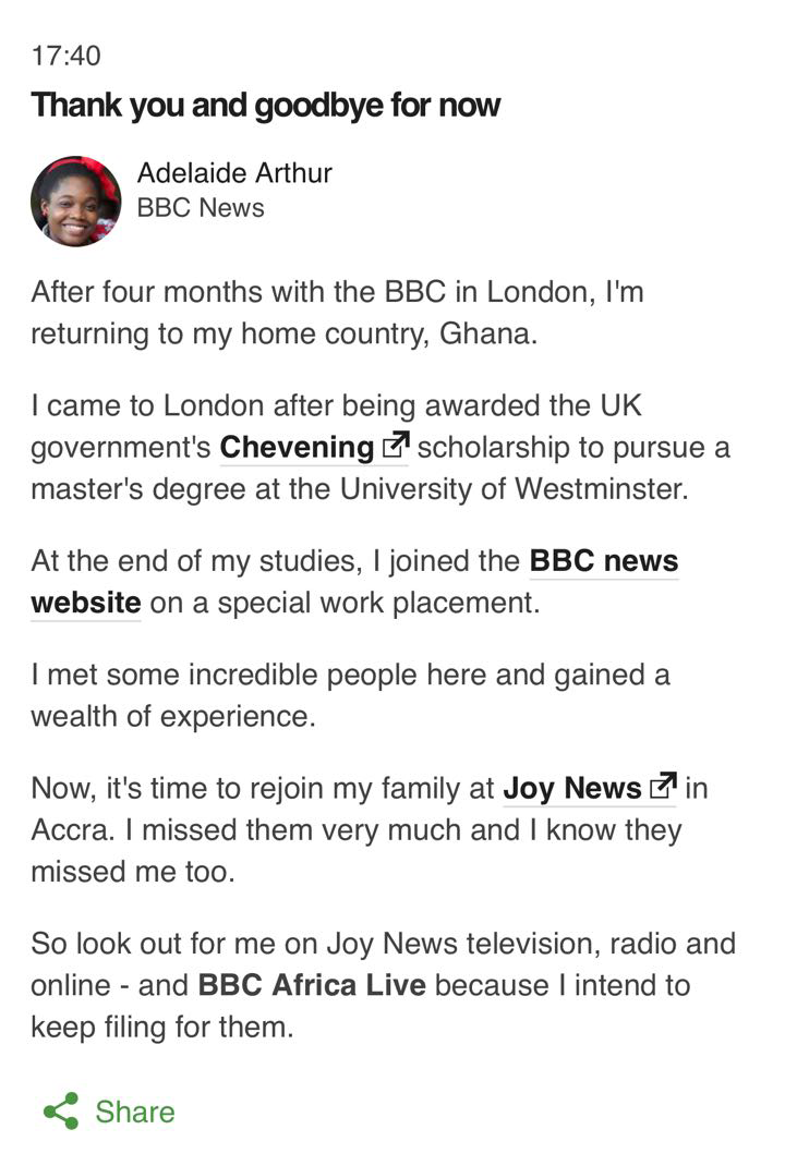 Adelaide Arthur posts a farewell message on BBC Africa Live