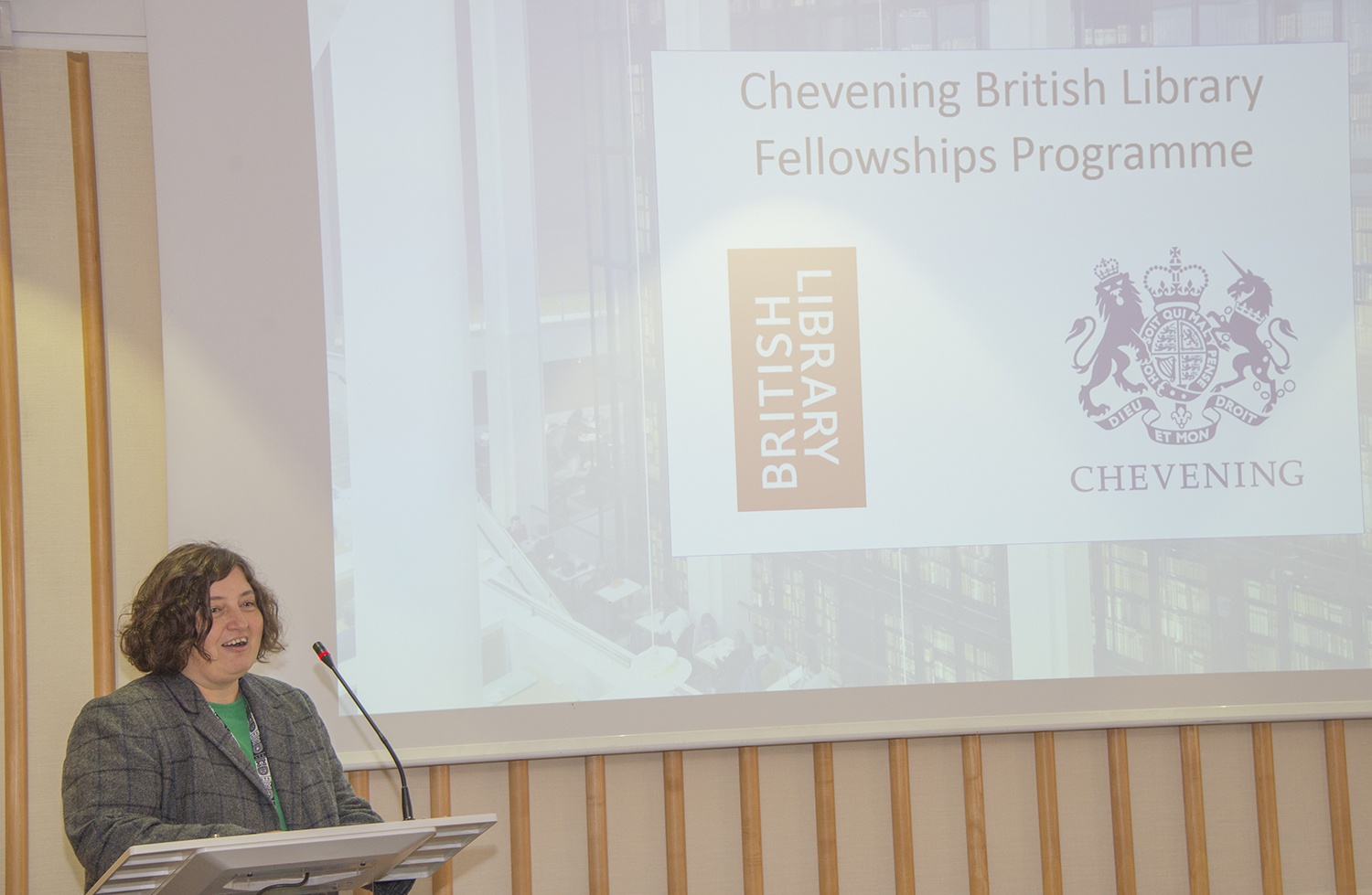 Maja Maricevic addresses the audience about the British Library Fellowship