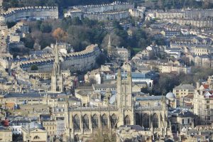 Aerial view of the University of Bath campus.