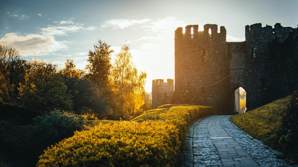 A castle at sunset.